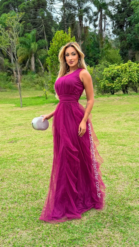 Vestido Mel Fúcsia Longo Alça Única Com Babado Vertical - comprar online