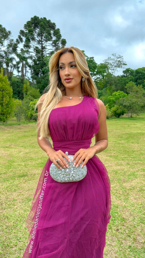 Vestido Mel Fúcsia Longo Alça Única Com Babado Vertical - comprar online