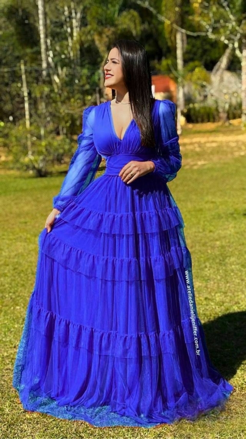Vestido Longo Três Maria Azul Royal Mang Longa Em Tule