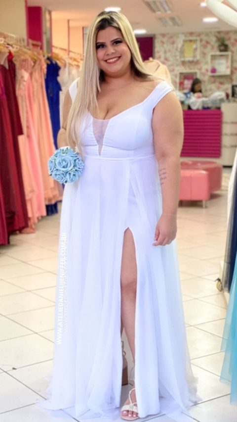 Vestido Branco Ombro A Ombro Com Fenda Isabelly