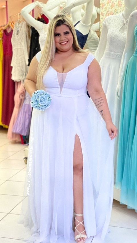 Vestido Branco Ombro A Ombro Com Fenda Isabelly