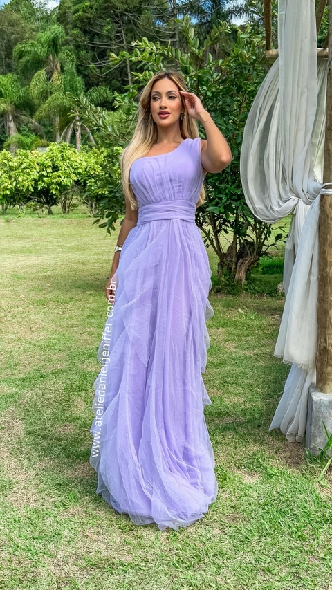 Vestido Mel Lilás Lavanda Longo Alça Única Com Babado Vertical - comprar online