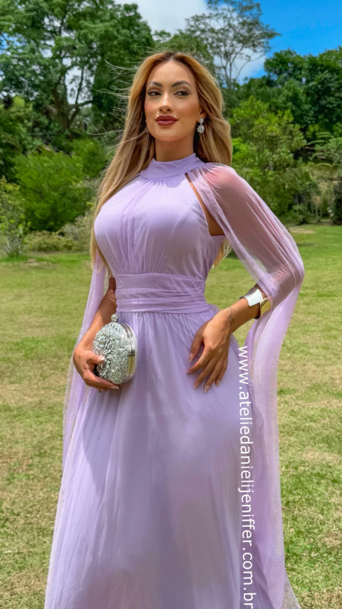 Vestido Lolla Longo Lilás Lavanda Com Mangas Em Tule - comprar online