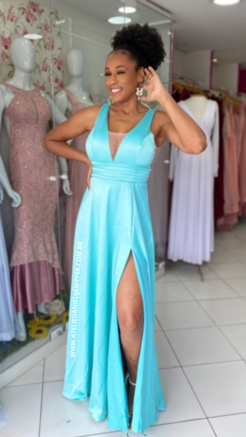 Vestido Longo Azul Tiffany Com Fenda Luana