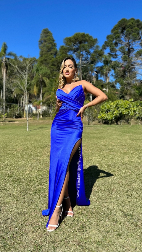Vestido Longo Tomara Que Caia Azul Royal Maitê Com Fenda Enorme Lateral