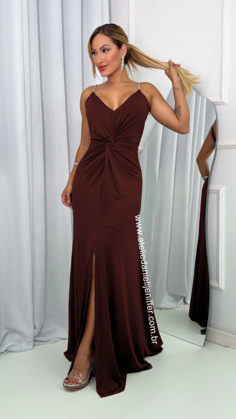 Vestido Longo Marsala Alças De Brilho Com Fenda E Detalhe Na Cintura Vivi - comprar online