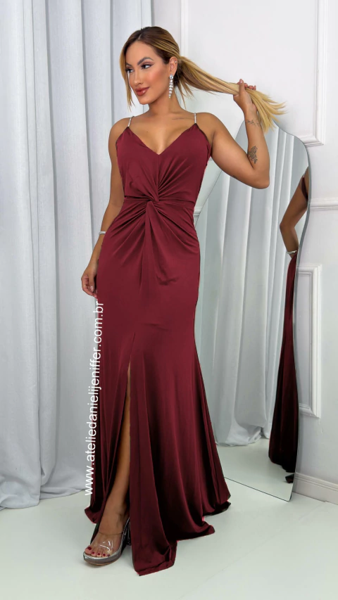 Vestido Longo Marsala Alças De Brilho Com Fenda E Detalhe Na Cintura Vivi - comprar online