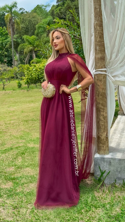 Vestido Lolla Longo Marsala Com Mangas Em Tule - comprar online