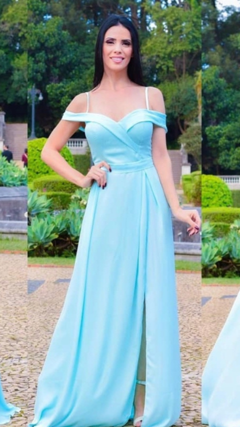 Vestido Azul Tiffany Ombro A Ombro Com Fenda Bel