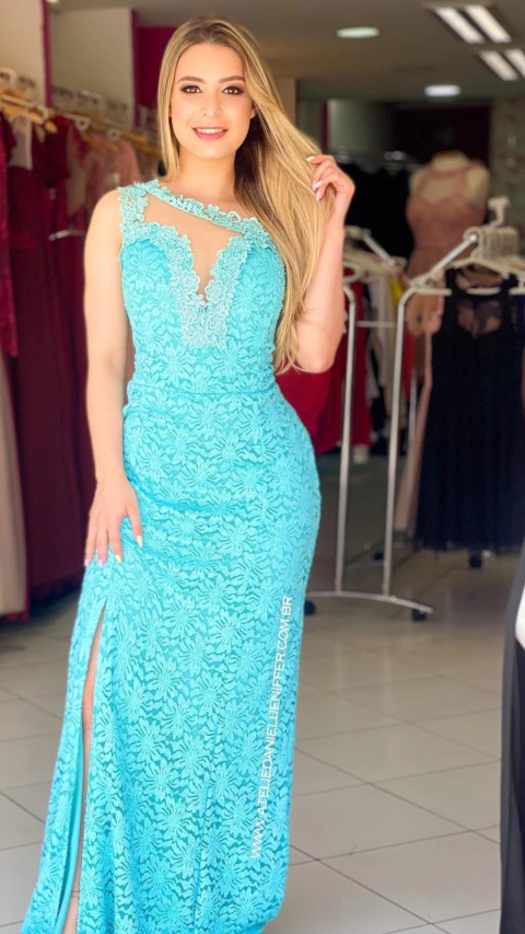 Vestido Ombro Só Sereia Com Fenda Azul Tiffany