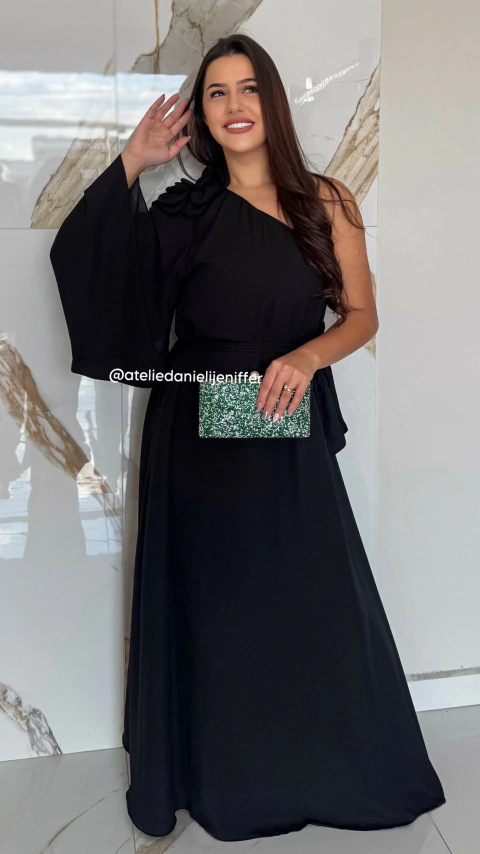Vestido Preto Flor Fluido Manga Nula Solta Com Cinto Removível - comprar online