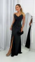 Vestido Longo Preto Alças De Brilho Com Fenda E Detalhe Na Cintura Vivi - comprar online