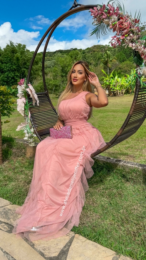 Vestido Mel Rose Longo Alça Única Com Babado Vertical - comprar online
