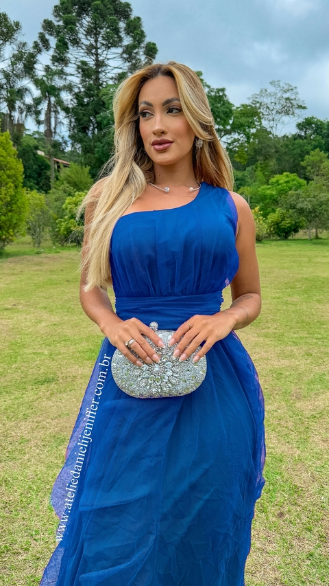 Vestido Mel Azul Royal Longo Alça Única Com Babado Vertical - comprar online