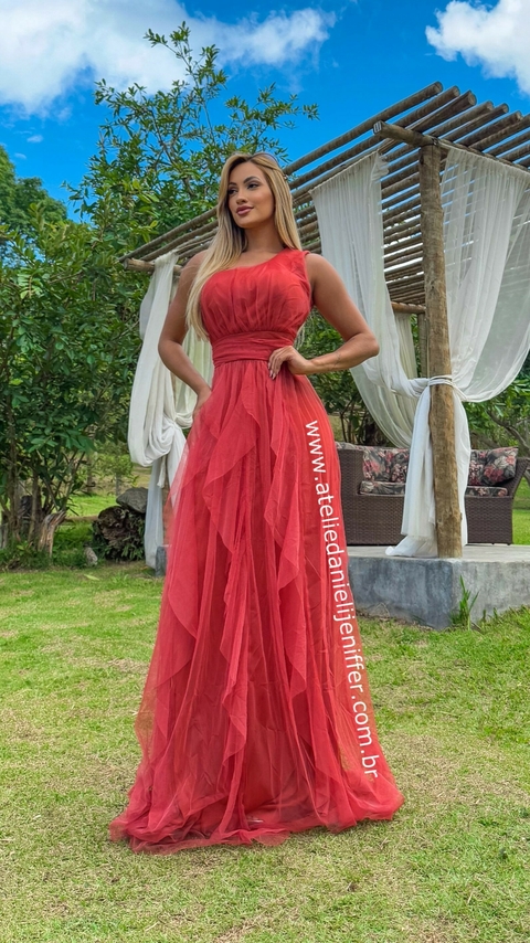 Vestido Mel Terracota Longo Alça Única Com Babado Vertical - comprar online