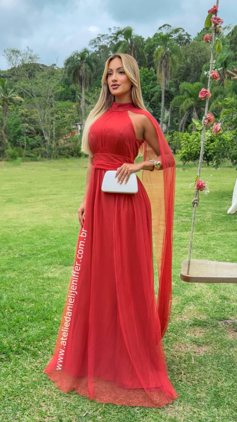 Vestido Lolla Longo Terracota Com Mangas Em Tule - comprar online