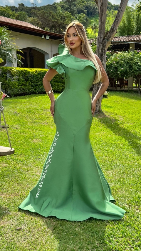 Vestido Longo Verde Jade Sereia Um Ombro Só Com Babado - comprar online