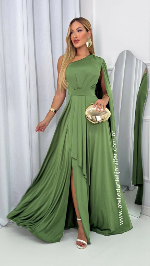 Vestido Longo Com Recortes Verde Alça Única Manga Solta E Fenda Mavi - comprar online