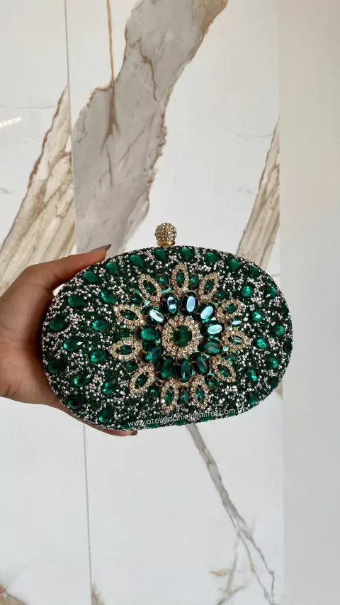Clutch Pedraria Oval Bolsa De Festa Verde