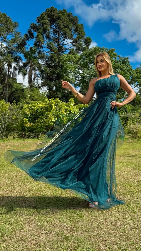 Vestido Mel Verde Longo Alça Única Com Babado Vertical - comprar online