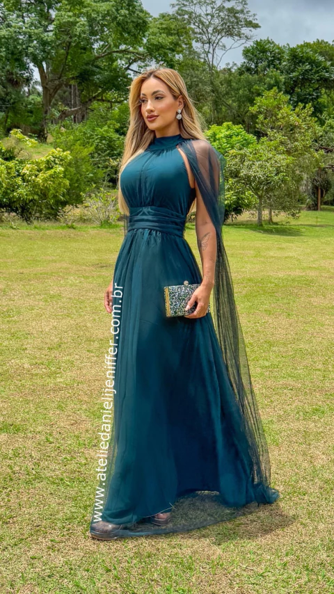Vestido Lolla Longo Verde Escuro Com Mangas Em Tule - comprar online