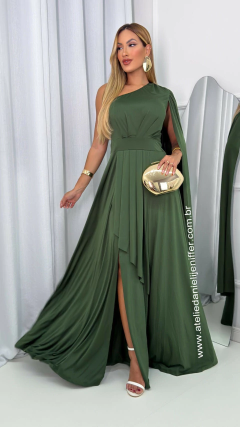 Vestido Longo Com Recortes Verde Oliva Alça Única Manga Solta E Fenda Mavi - comprar online