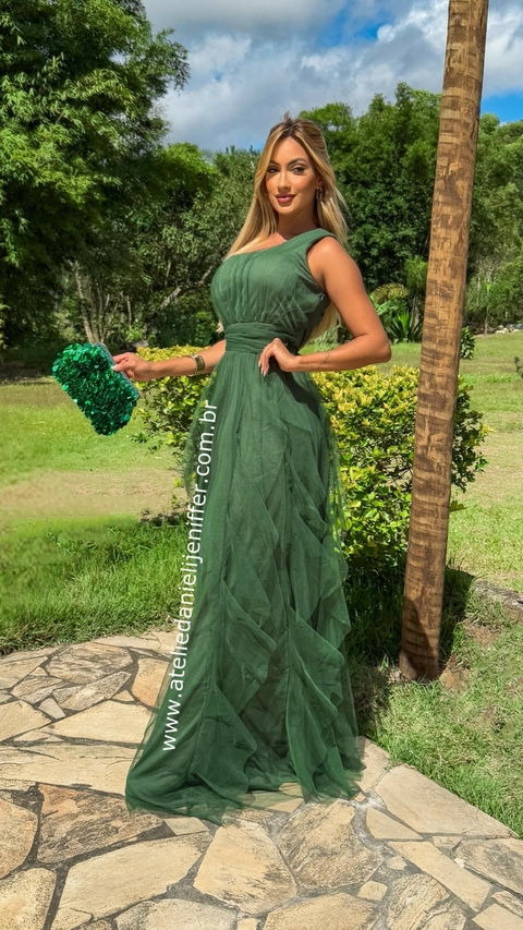 Vestido Mel Verde Oliva Longo Alça Única Com Babado Vertical - comprar online