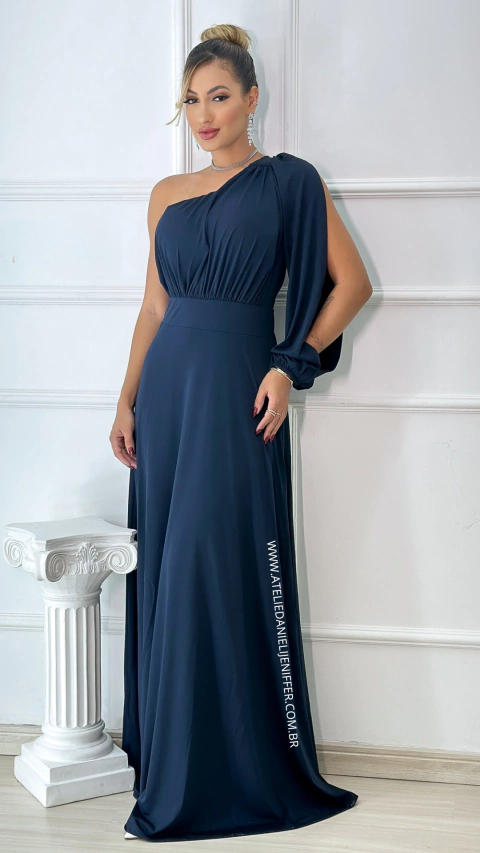 Vestido Longo Beatriz Azul Marinho Manga Nula Com abertura Lateral