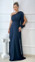 Vestido Longo Beatriz Azul Marinho Manga Nula Com abertura Lateral