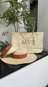 kit bolsa praia bege + chapéu aba longa +viseira