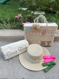 kit completo: bolsa + chapéu paris + toalha nome completo + faixa 1 extra