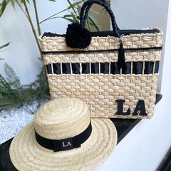 kit bolsa preto + chapéu palha natural