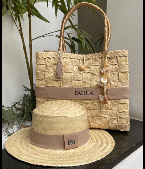 kit bolsa bloco nude + chapéu de palha natural
