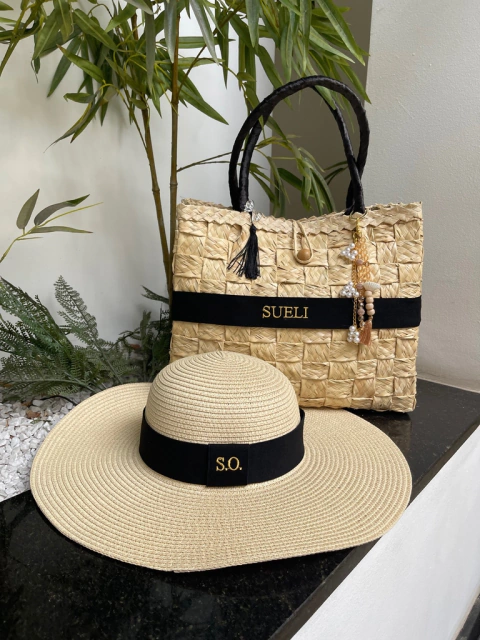 kit bolsa bloco preta+ chapeu aba longa