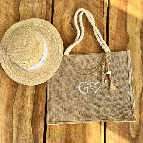 kit bolsa juta + chapéu palha natural