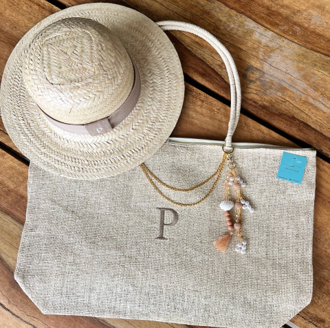 kit bolsa de praia + chapéu de palha natural com faixa nude