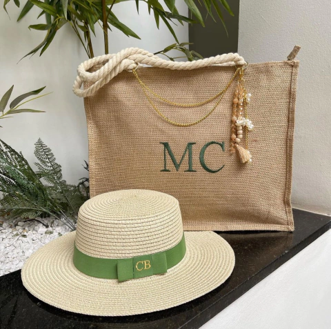 kit bolsa juta + chapeu Paris 1.0 verde