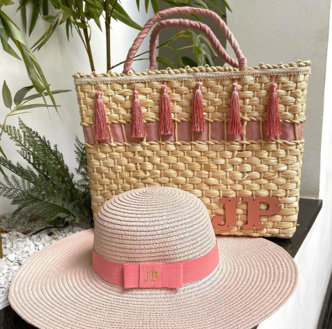 kit bolsa M FRANJAS+ chapéu aba longa rosê