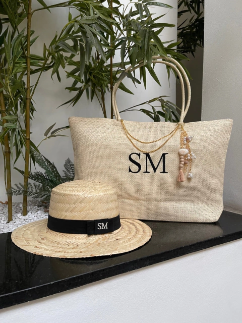 kit bolsa de praia bege + palha natural