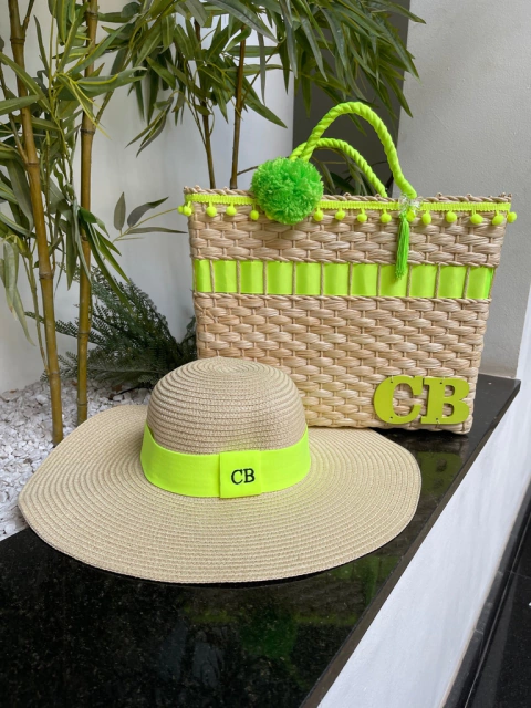 kit bolsa + chapéu aba longa verde neon