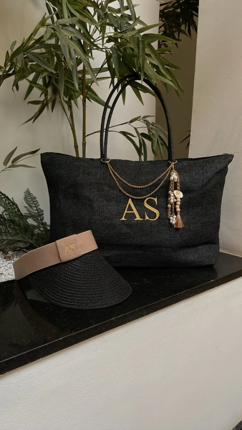 kit bolsa de praia preta + viseira