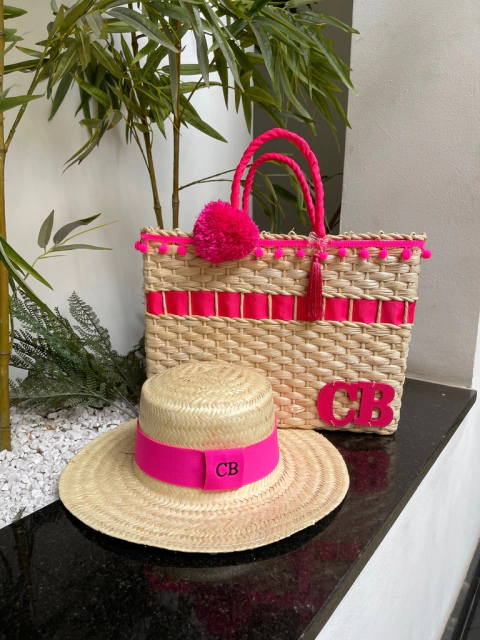kit bolsa + chapéu palha natural rosa neon