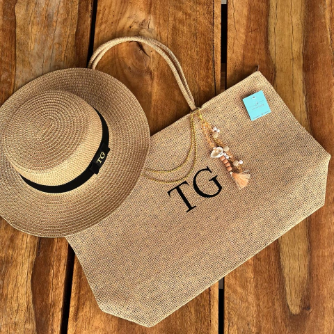 kit bolsa de praia + chapéu paris 1.0 caramelo bordado preto