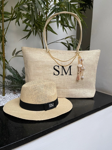 kit bolsa de praia bege + chapeu Panamá