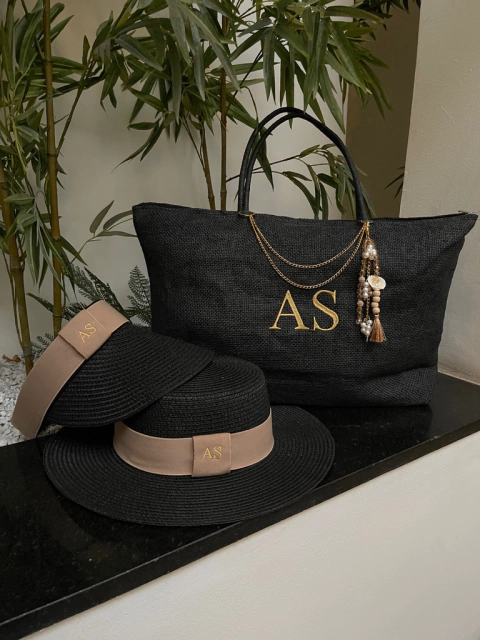 kit bolsa de praia preta + chapéu Paris + viseira