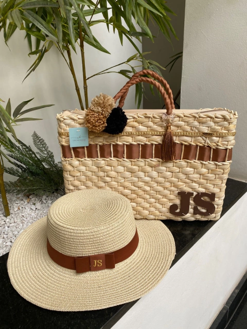 kit bolsa caramelo com preto + chapéu paris 1.0