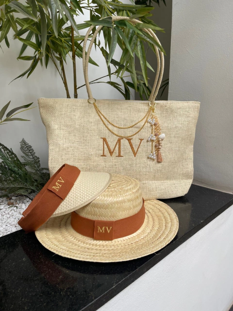 kit bolsa praia bege + chapéu palha natural + viseira