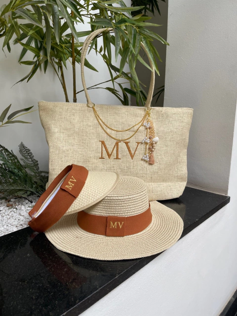 kit bolsa praia + chapeu + viseira