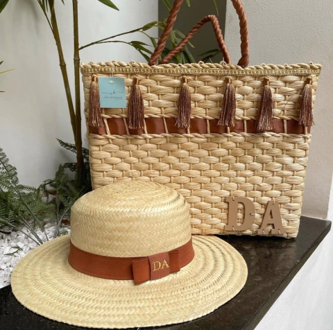 kit bolsa Franjas + chapéu palha natural caramelo