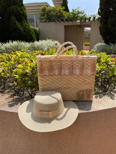 kit bolsa Franjas bege + chapéu paris 1.0